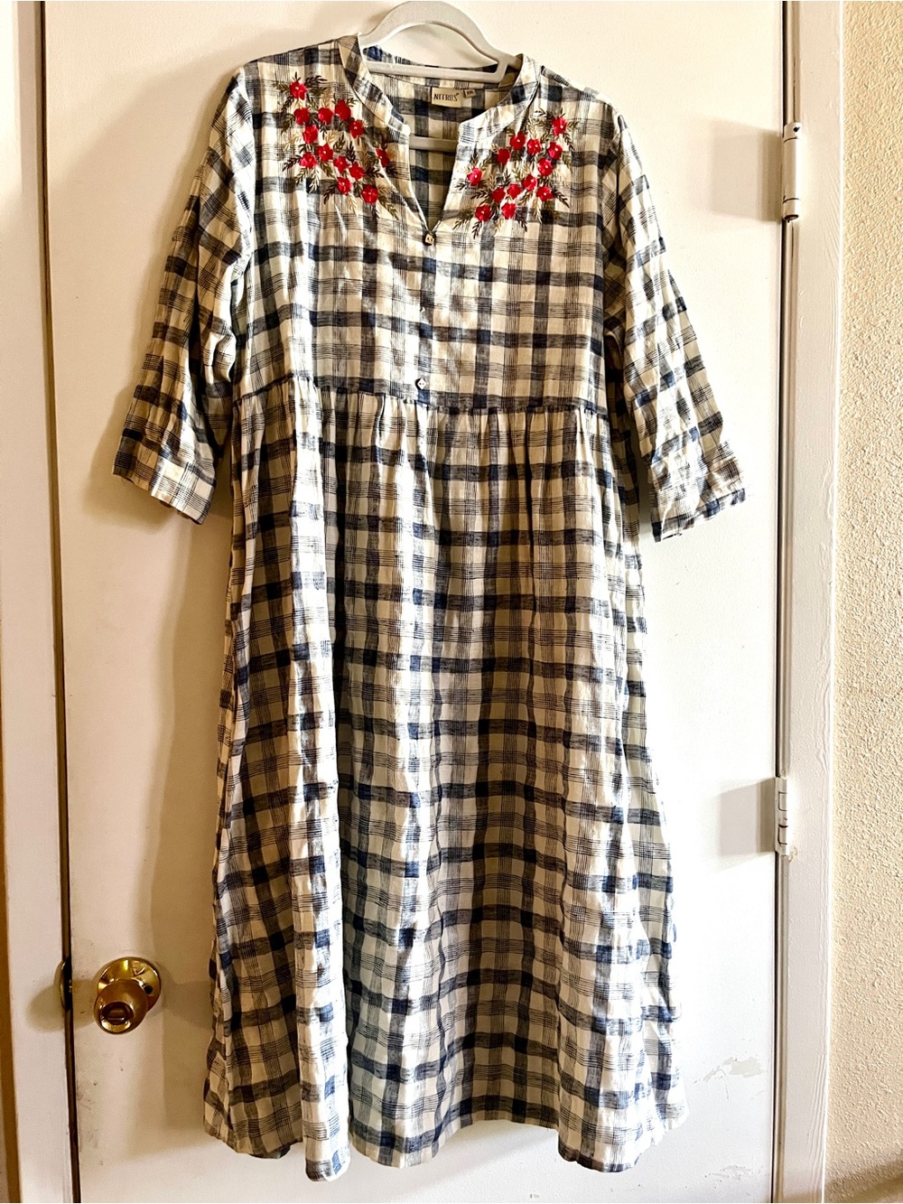 Plaid Midi Tunic with Red Floral Embroidery